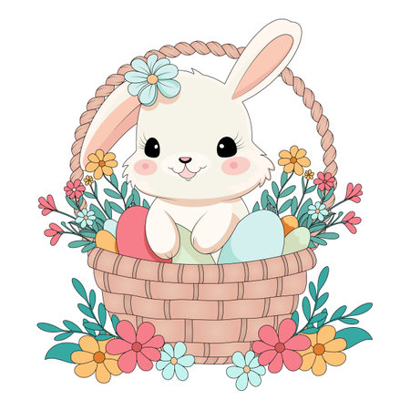 Cute little Rabbit with Easter eggs in basket vector illustration - Easter Bunny with a basket of easter eggsのイラスト素材