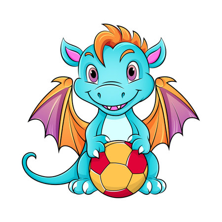 Cute cartoon dragon holding a soccer ball. Vector illustration isolated on white background.のイラスト素材