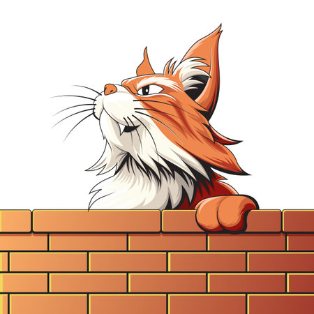 Angry fluffy cat with fur bristling, standing on a garden fence - Fierce Fluffy Cat on Brick Wall Vectorのイラスト素材