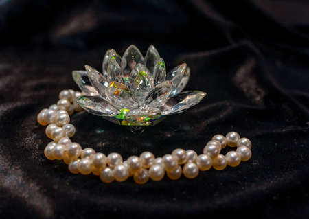 Colorful crystal lotus with pearl necklace on the black velvetの写真素材