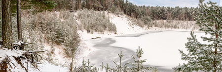 Winter panorama of lake in the forest - ice and snow everywhere