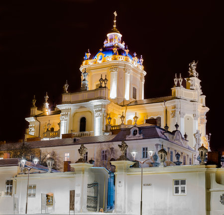 Ancient monument - facade of medieval church in Lvov Ukraine - night sceneの写真素材
