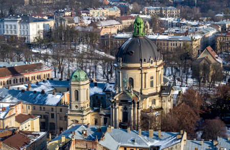 Winter panorama - landscape of old town with medieval cathedralの写真素材