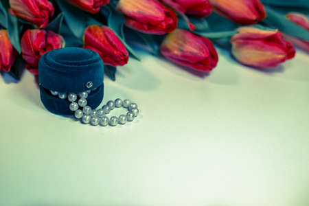 Red spring tulips with small box with pearls romantic presentの写真素材