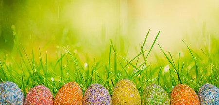 Row Easter eggs with spring green grass background