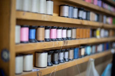 Row of many colored thread spools in orange yellow tones. Colorful set of sewing threads on shelf in cloth factory. Colored thread coils roll for fabric textile industry designの写真素材