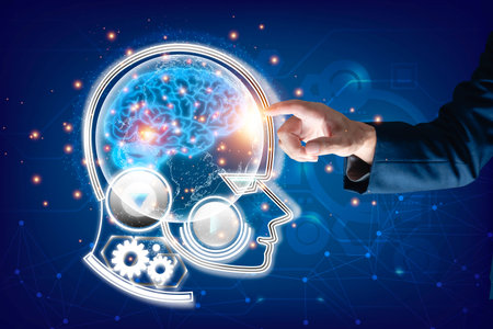 Businessman hand touch connects on Robot brain in binary code big data world network background....