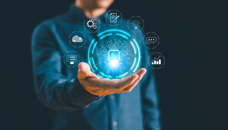 Ai tech expert business. Businessman show virtual graphic Global Internet connect robot. Chat AI,...