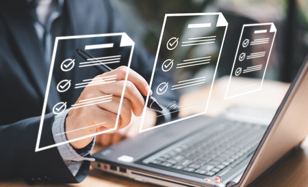 E-signing, Digital electronic signature, document management, paperless business office. Businessman...