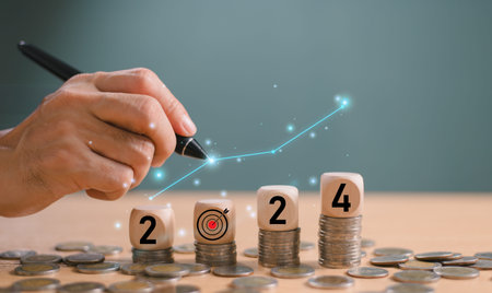 Happy new year 2024 money concept. Business target and goal trends 2024 calendar. Analysis strategy...