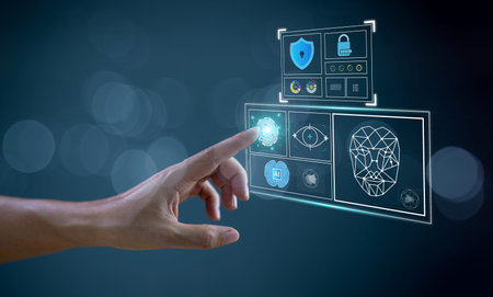Hand touch scan digital biometric sensor. Cybersecurity scanner technology concept. Ai data...