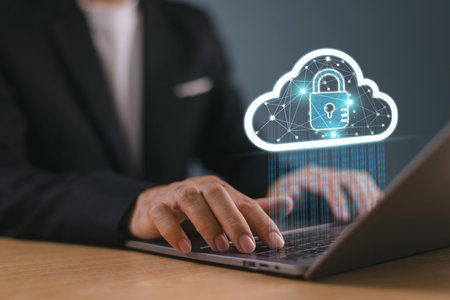 Businessman use computer laptop device. Cloud security business technology concept. Cloud computing...
