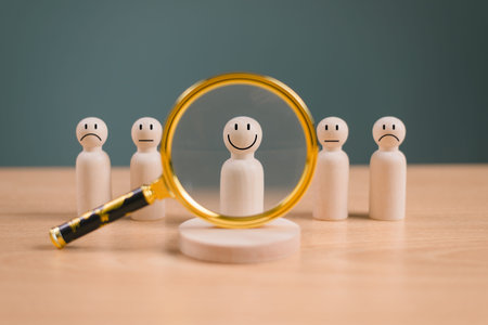 HRM, Human resources management concept. Magnify glass focus target audience marketing. HR search select wooden man group. Business client job recruit headhunting. CRM, Customer Relation Managementの写真素材