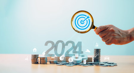Target Goal challenge concept. Start calendar 2024 plan . Businessman use magnifying glass search...