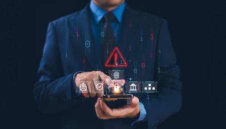 Cyber security privacy concept to protect data information. Lock icon and internet network secure technology. Businessman show person data info protection on smartphone, virtual screen network techの写真素材