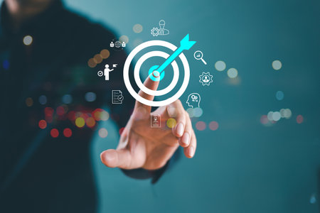 Business target goal focus concept. Businessman hand, bullseye arrow, team market creative. Business objective goal target marketing idea solution, teamwork target investment. Start 2024 plan visionの写真素材