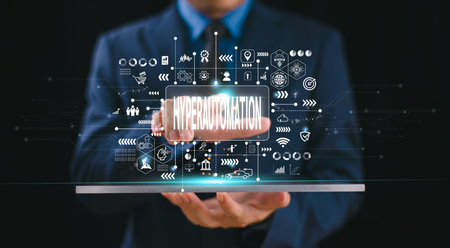 AI tech hyperautomation, Artificial Intelligence concept. Chatbot chat with human. Businessman use...