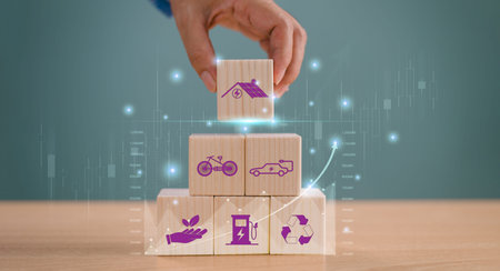 Green eco-sustainable development goal (SDGs) concept. Global business network with purple...