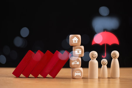 Insurance plan solution concept. Life safety security icon with red umbrella domino. Home mortgage, risk management, coverage benefit of family, medical technology, financial health care, money savingの写真素材
