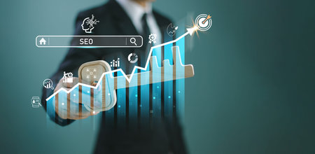 SEO Search Engine Optimization concept. Businessman use key success with AI chart target icon, SEO website to rank search engine SEO. Search with Ai assistant. Artificial Intelligence data technologyの写真素材