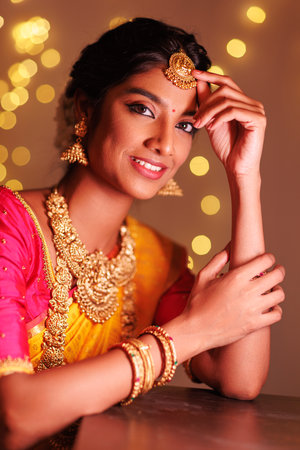 Portrait of a beautiful indian woman in sari and jewelryの写真素材