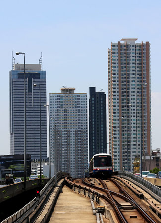 The famous skytrain of Bangkok is crossing Chao Phraya river on a bridge  the bridge is accompanied...
