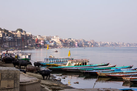 the bank of the river Ganges with the old city of Varanasi and the ghats