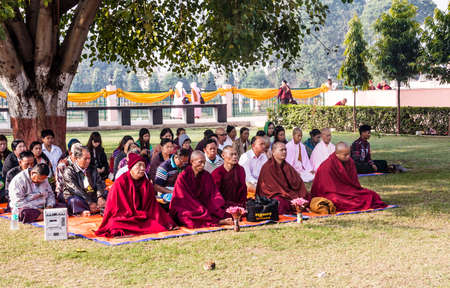 A Meditation Group led by buddhist monks near Mahabodhi temple, Indiaのeditorial素材