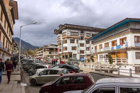 Thimpu is the capital of Bhutan  The buildings in the city are all built in traditional style のeditorial素材