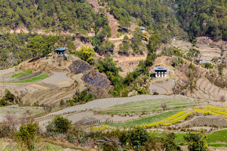 A Village on the mountain top with rice terraces at a great height in Bhutan の写真素材