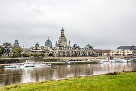 The historic center of Dresden, seen from opposite bank of river Elbe. You can see Bruehls Terrace, the Frauenkirche, the acadamy and a museum.のeditorial素材