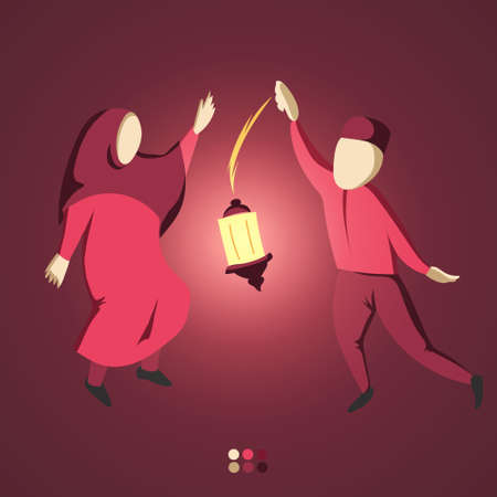 Couple Illustration Happy with Lanterns. A couple who are very happy to celebrate the arrival of the Holy Month of Ramadan with lanterns onのイラスト素材