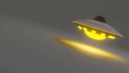 Three Dimensional Illustration UFO Flying Saucer Alien Invasion Midnight Aliens In The Sky With Negative Space. Perfect for Presentation Templatesの写真素材