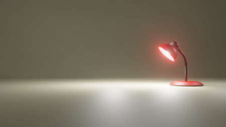 Three-dimensional 3D illustration of a bright study desk lamp in a dark room with negative space. Perfect for Motivational, Educational, Business Presentation Templates, and Moreの写真素材