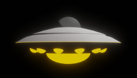 Three Dimensional Illustration UFO Flying Saucer Alien Invasion Midnight Aliens In The Sky With Negative Space. Perfect for Presentation Templatesの写真素材