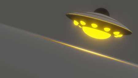 Three Dimensional Illustration UFO Flying Saucer Alien Invasion Midnight Aliens In The Sky With Negative Space. Perfect for Presentation Templatesの写真素材