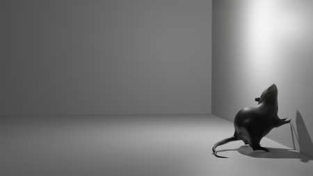 3D illustration of dirty black rat sewer in secret dark room near wall. Symbol of corruption.の写真素材