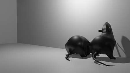 3D illustration of dirty black rat sewer in secret dark room near wall. Symbol of corruption.の写真素材