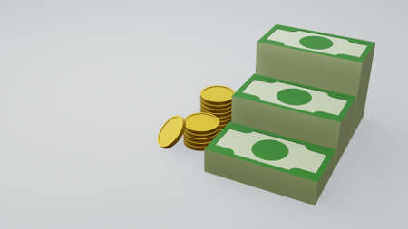3D Three Dimensional Illustration Pile of Dollars with Gold Coins on a Floor. Illustration of Investment Money and Wealthの写真素材