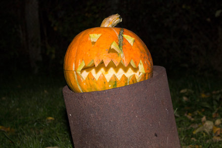 Halloween pumpkin laying on the grass, close-upの写真素材