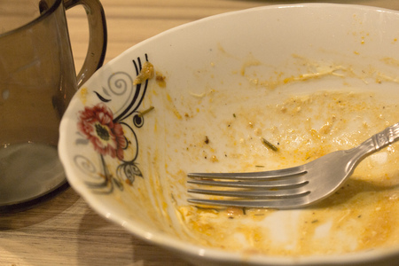 dirty dishes are on a wooden tableの写真素材