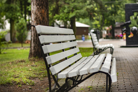 white bench stands in the Park close-upの写真素材