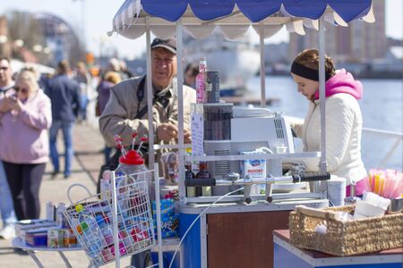 Russia Kaliningrad 2019. street souvenir shop with productsのeditorial素材