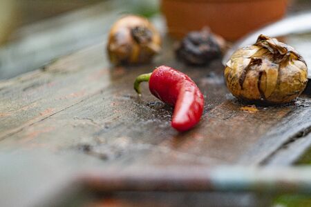 a pod of red pepper lies on a wooden table1の写真素材