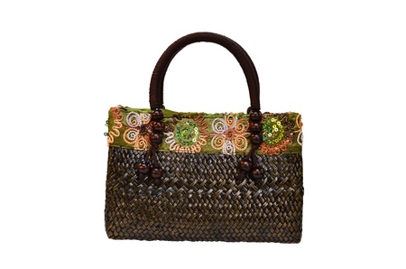 bamboo wicker bag on white backgroundの写真素材