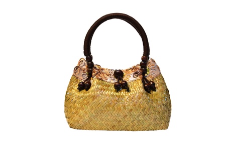 bamboo wicker bag on white backgroundの写真素材