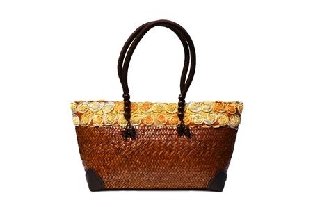 bamboo wicker bag on white backgroundの写真素材