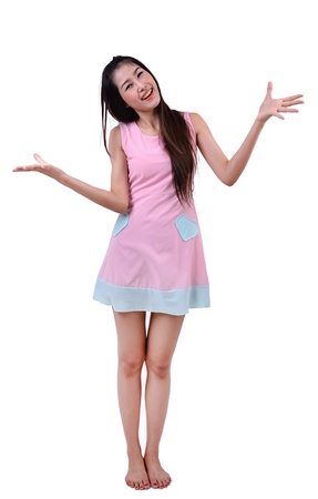 Portrait of a happy woman on a white backgroundの写真素材