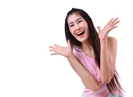 Portrait of a happy woman on a white backgroundの写真素材