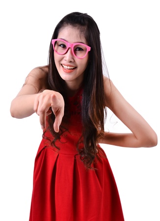 Portrait of a happy woman on a white backgroundの写真素材